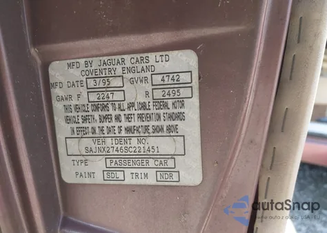 1995 Jaguar Xjs 2+2 из США, поврежденный, VIN SAJNX2746SC221451